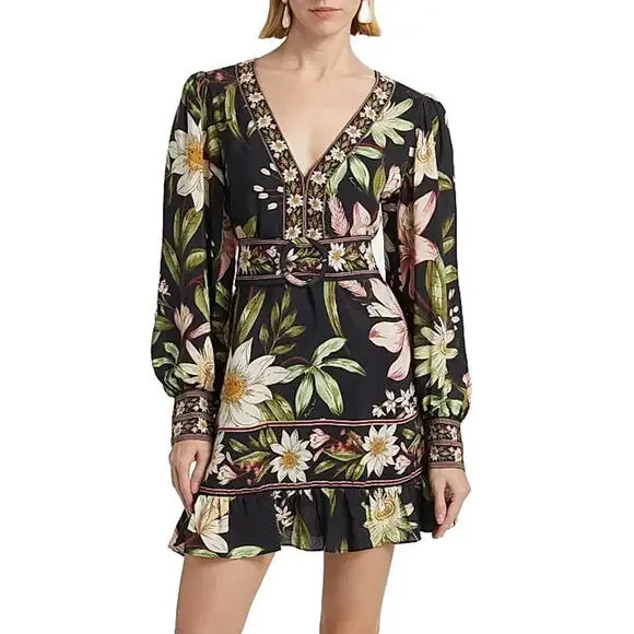 knee length dresses for ladies Black Floral Balloon Sleeve Mini Dress - All Dresses main image 1
